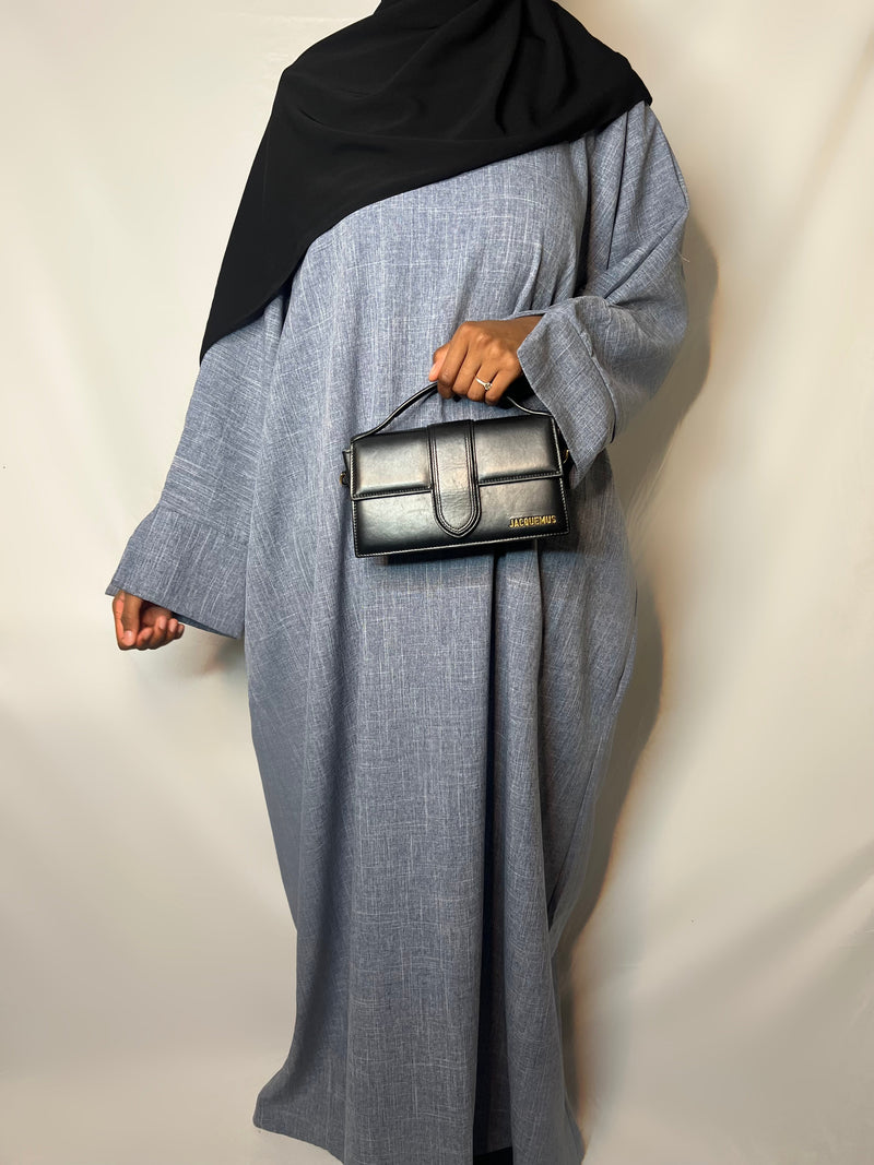 Abaya en lin bleu jean sans fente t1